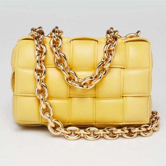 Bottega Veneta Yellow Woven Leather Maxi Weave Padded Cassette Chain Bag - Picture 1 of 11